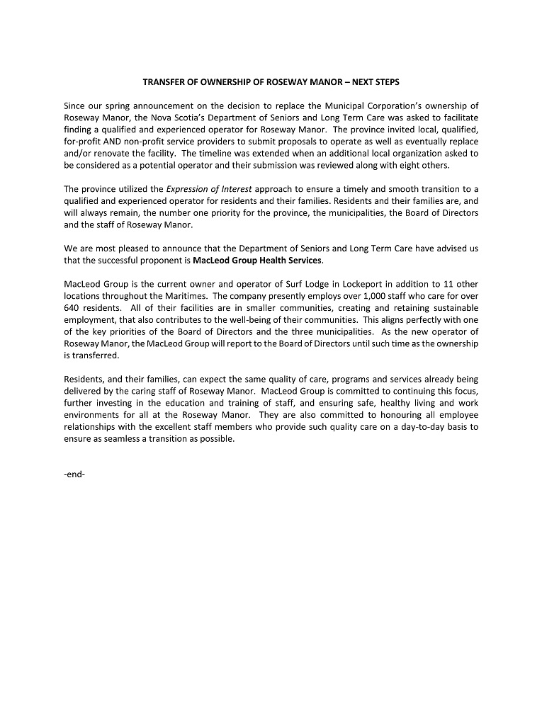 Roseway Manor Announcement Aug 2 2022